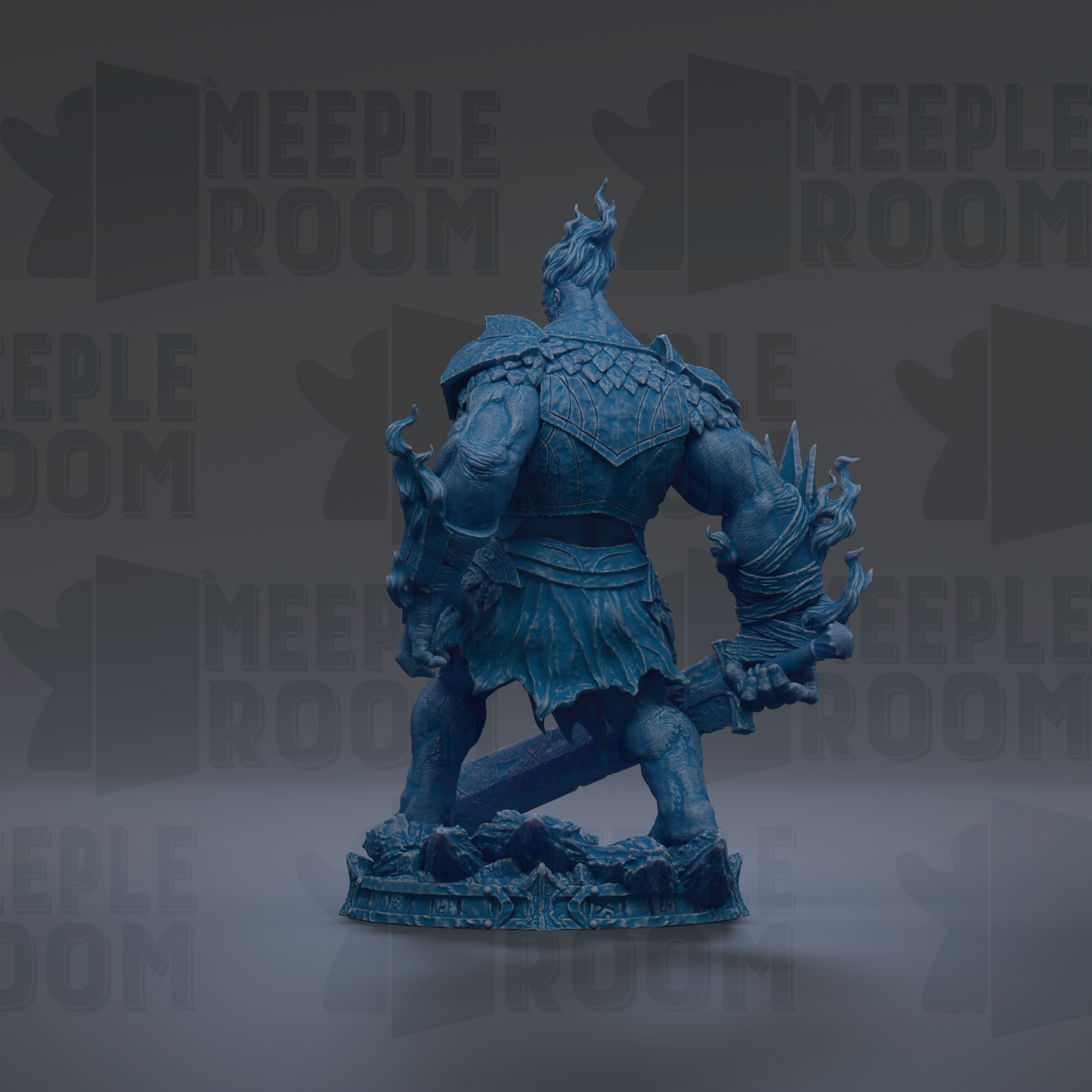 A blue, armored warrior figure stands in a dark setting, with the text "MEUPLE ROOM" repeated in the background.