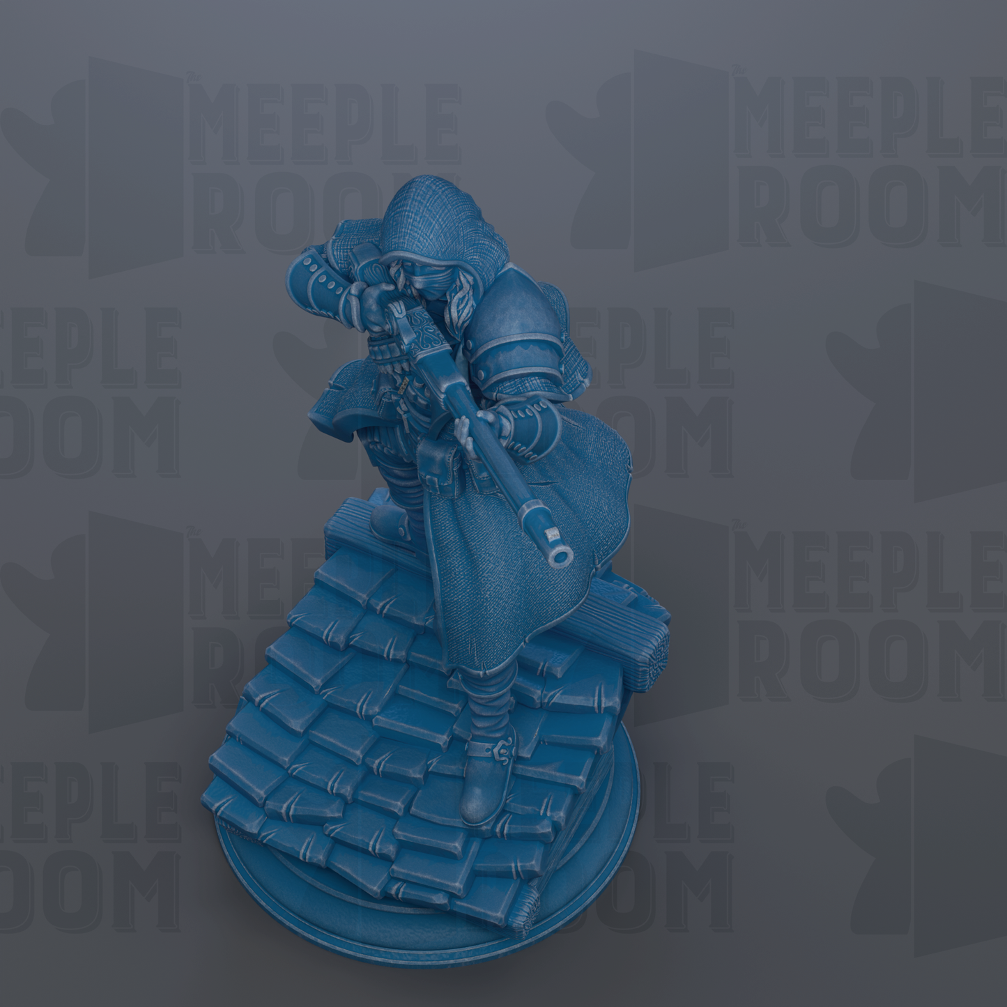 A blue 3D model of a character holding a gun, standing on a platform with a tiled roof.