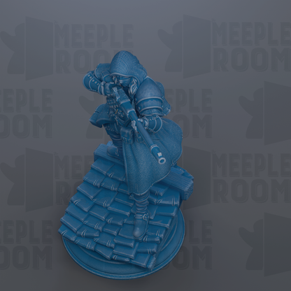 A blue 3D model of a character holding a gun, standing on a platform with a tiled roof.