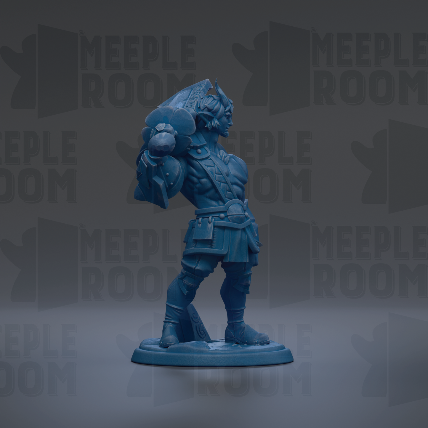 A blue figurine of a warrior standing on a base, with the text "MEIPLLE ROOM" repeated in the background.