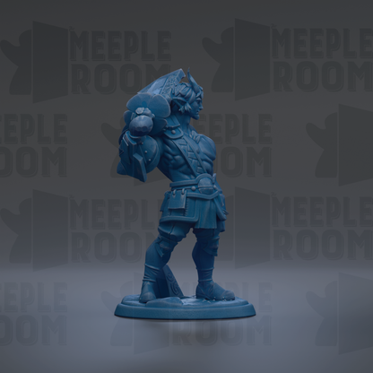 A blue figurine of a warrior standing on a base, with the text "MEIPLLE ROOM" repeated in the background.