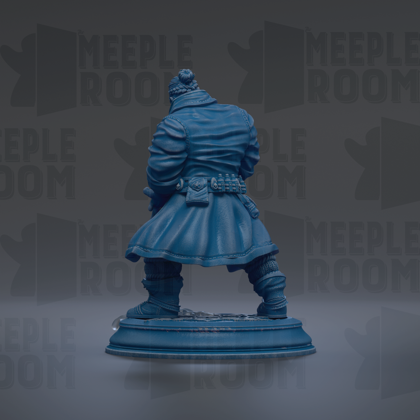 A blue statue of a person standing on a pedestal against a dark background.