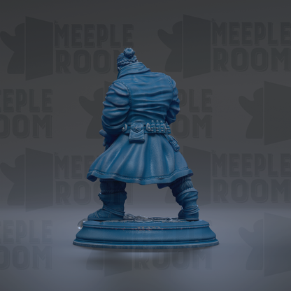 A blue statue of a person standing on a pedestal against a dark background.