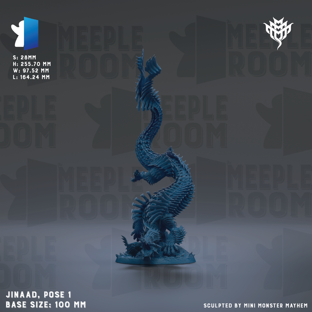 a blue dragon-like creature, possibly a sculpture or figurine, with a text overlay that includes the text "MEIPLE ROOM" and "JINAD, POSE 1 BASE SIZE: 100 MM".