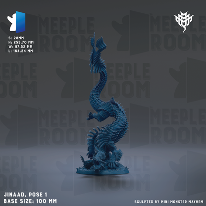 a blue dragon-like creature, possibly a sculpture or figurine, with a text overlay that includes the text "MEIPLE ROOM" and "JINAD, POSE 1 BASE SIZE: 100 MM".