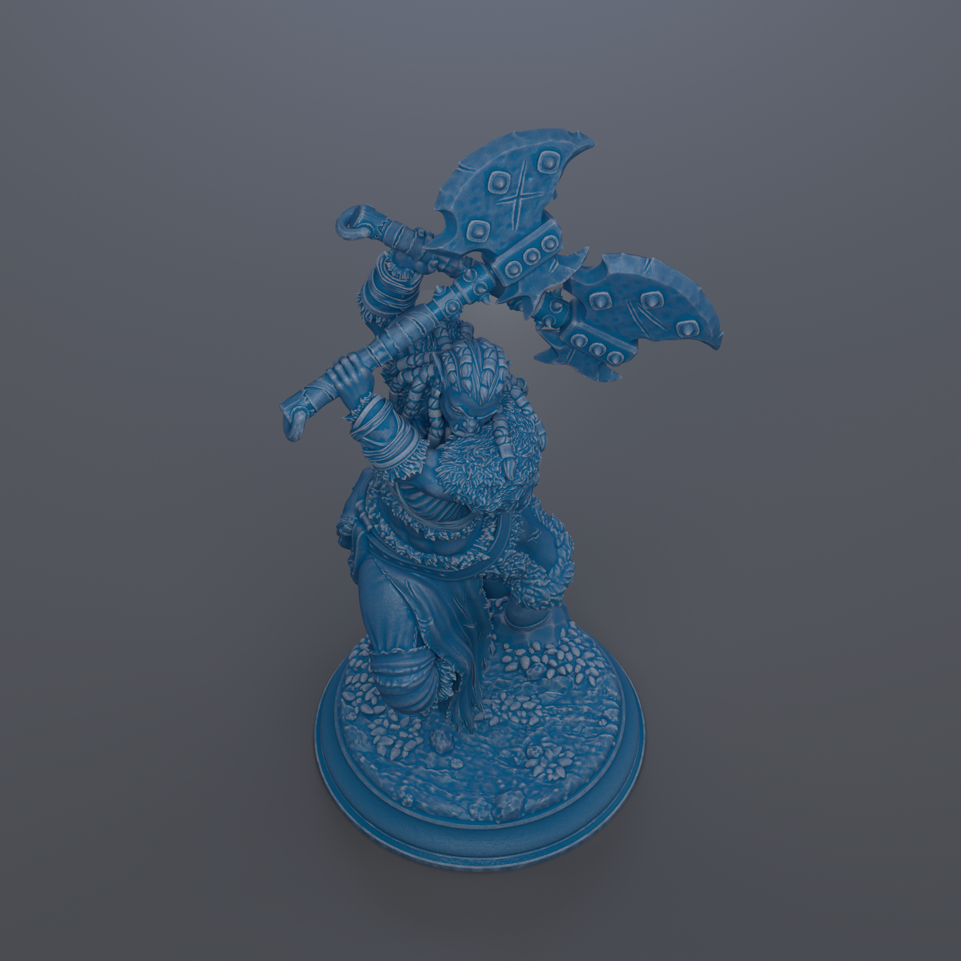 A 3D rendering of a blue warrior figure holding a large weapon, standing on a base.