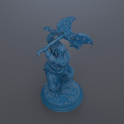 A 3D rendering of a blue warrior figure holding a large weapon, standing on a base.