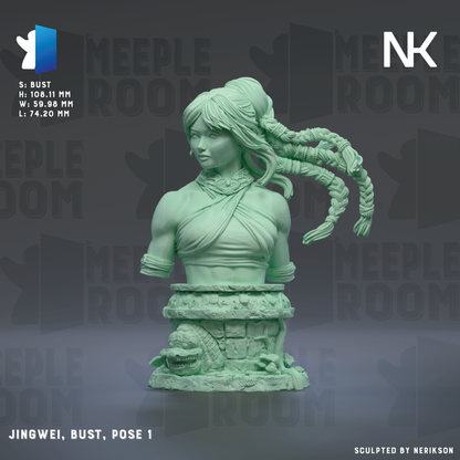 a bust of a woman with long hair, wearing a wrap, and a dragon on her shoulder. The bust is posed in a dynamic position, with the dragon appearing to be in motion. The background of the image is dark, which contrasts with the light green color of the bust. The image is described as a bust of a woman, a dragon, and a dragon on a shoulder, and it is posed in a dynamic position. The image is a bust of a woman with a dragon on her shoulder.