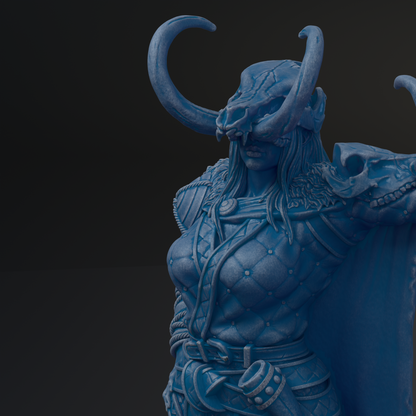 A detailed 3D rendering of a blue-colored statue depicting a female warrior figure with horns and a fierce expression.