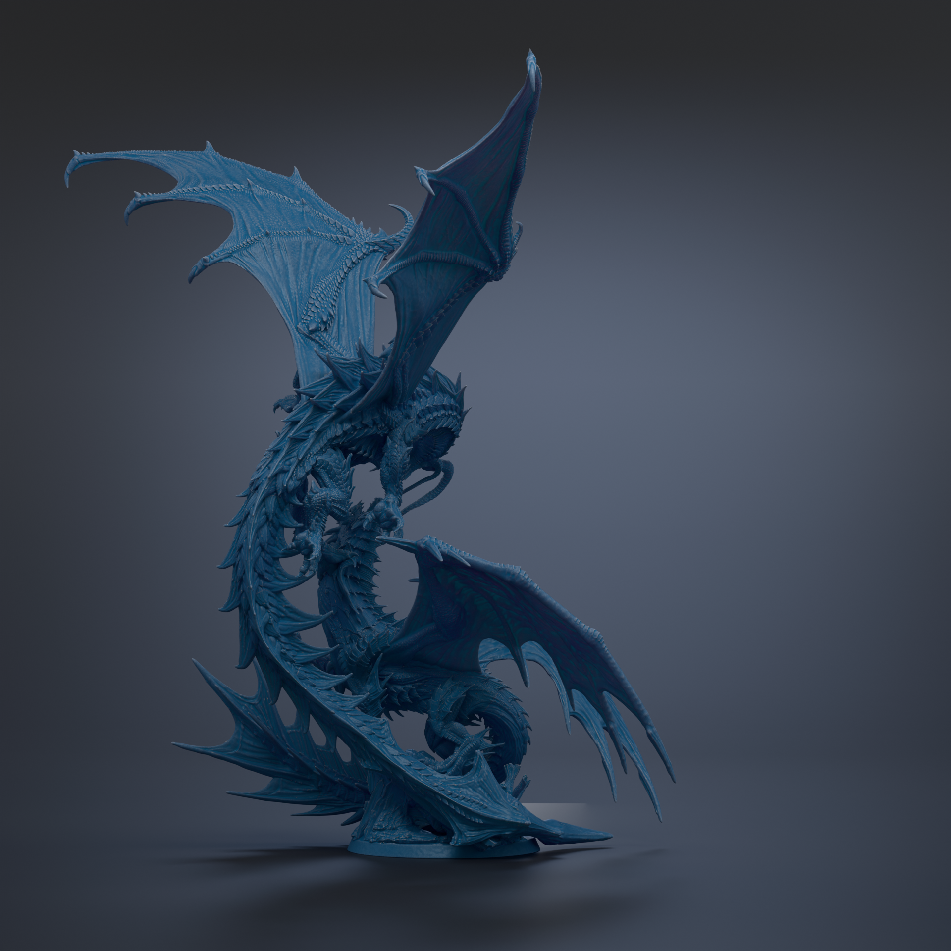 A 3D rendering of a blue dragon-like creature with wings spread wide, standing on a dark surface.