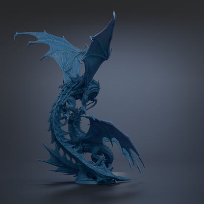A 3D rendering of a blue dragon-like creature with wings spread wide, standing on a dark surface.