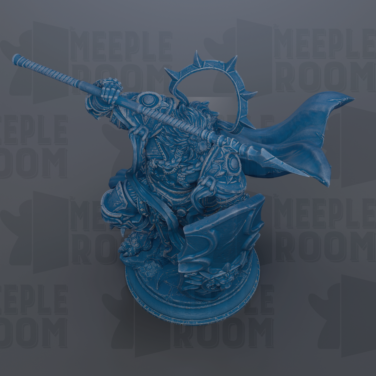 A blue, 3D-rendered statue of a warrior figure holding a spear and shield, set against a dark background with repeated text.