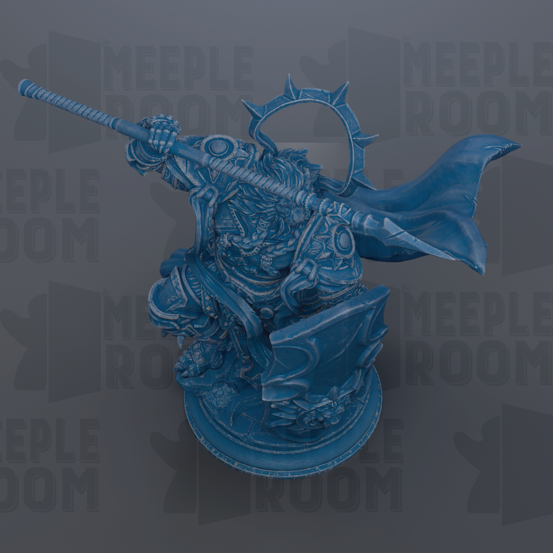 A blue, 3D-rendered statue of a warrior figure holding a spear and shield, set against a dark background with repeated text.