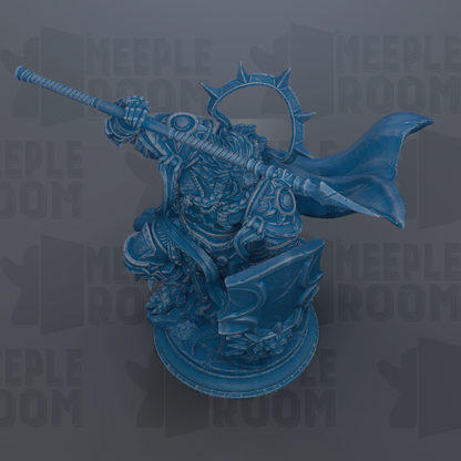 A blue, 3D-rendered statue of a warrior figure holding a spear and shield, set against a dark background with repeated text.