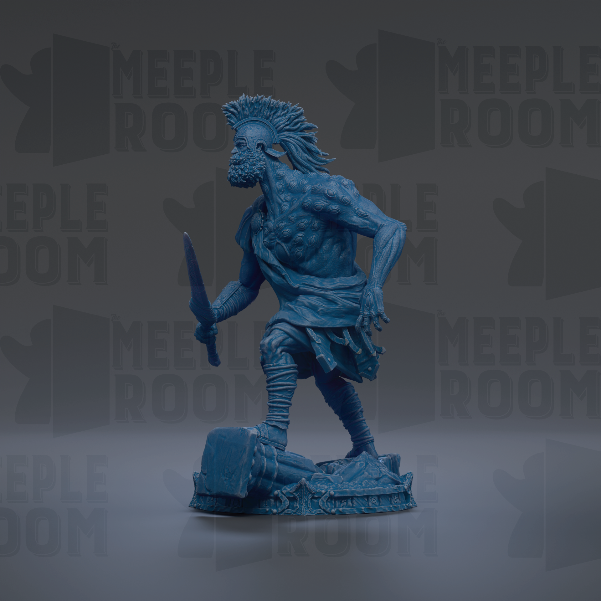 A blue statue of a warrior figure holding a sword and shield, standing on a platform against a dark background with repeated text.