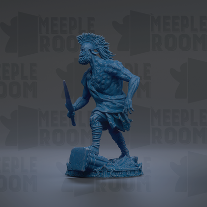 A blue statue of a warrior figure holding a sword and shield, standing on a platform against a dark background with repeated text.