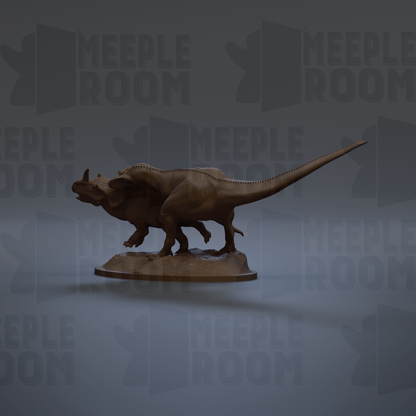 A 3D model of a dinosaur, likely a meek room dinosaur, is displayed against a gray background with repeated text.