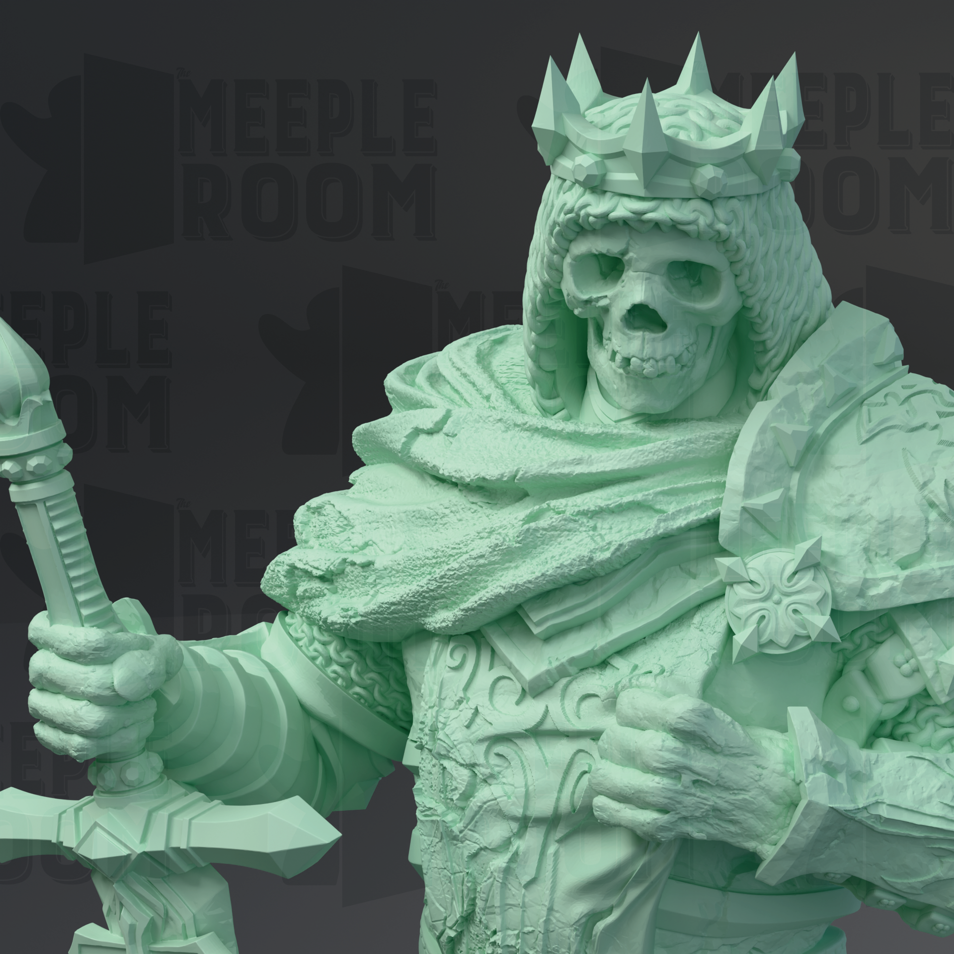 A 3D rendering of a skull-like figure wearing a crown and holding a sword, with the text "MEUPLE ROOM" visible in the background.