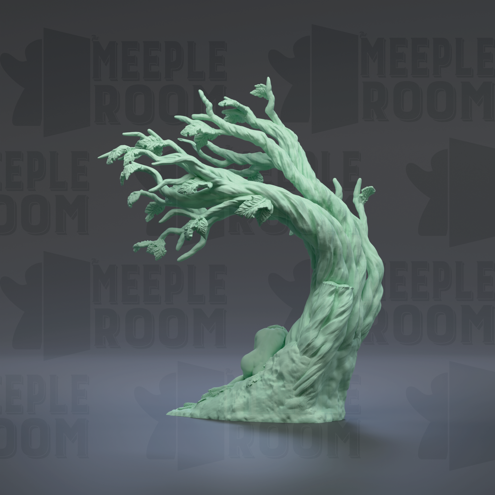 A 3D rendering of a tree-like object with a twisted, gnarled trunk and branches, set against a dark background with repeated text.