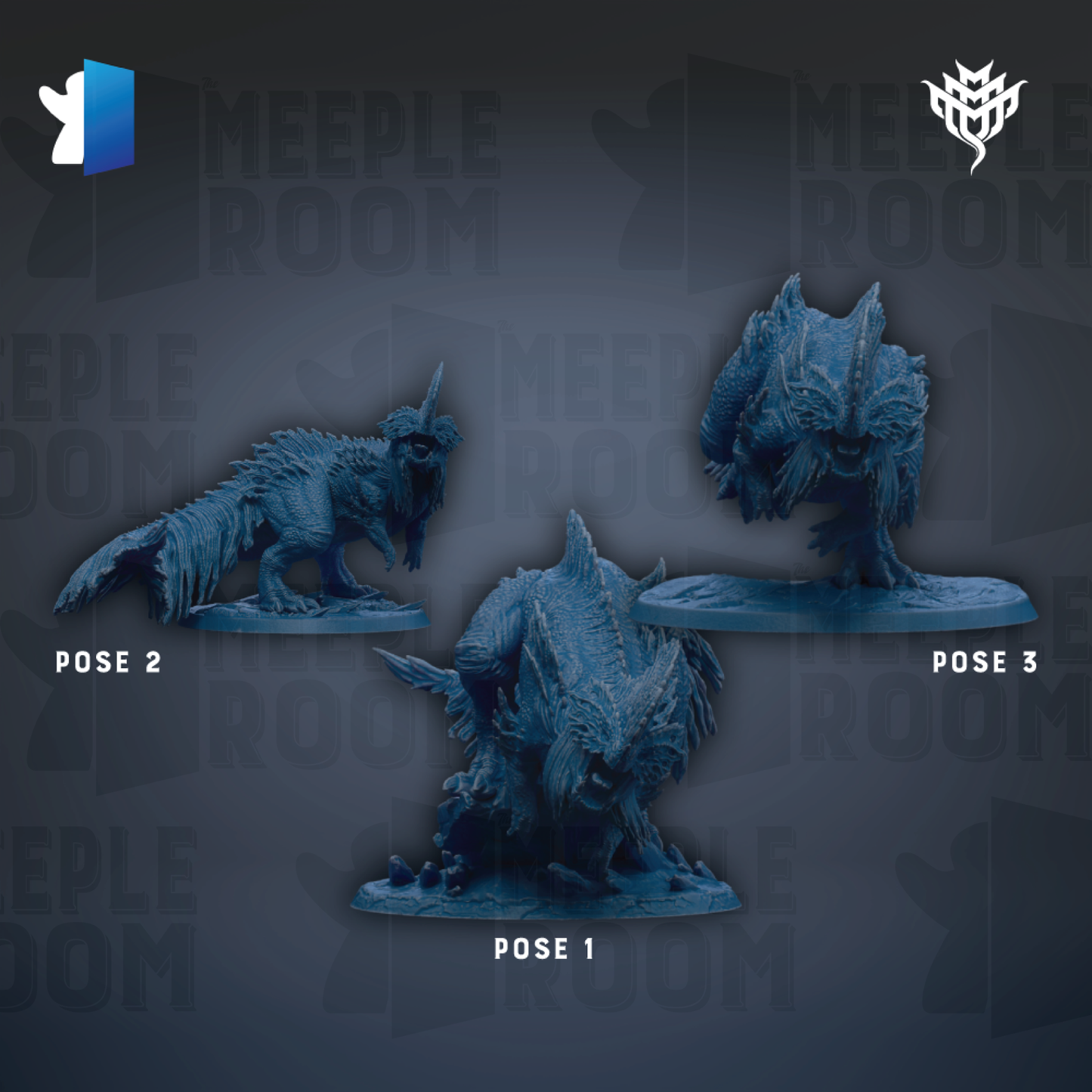 three blue figurines of fantastical creatures, each with a different pose, arranged in a row against a dark background.