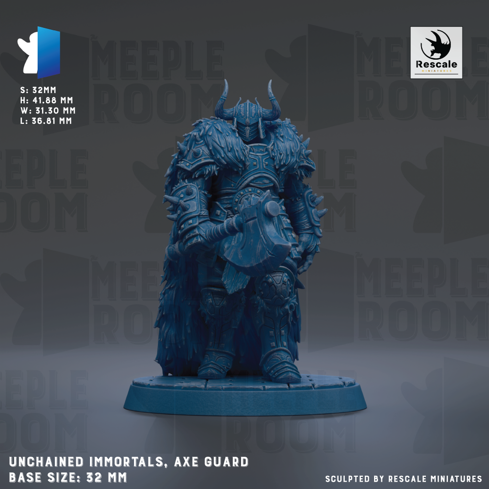 a detailed figurine of an armored warrior wielding an axe, standing on a base. The figurine is described as "Unchained Immortals, Axe Guard" and is "Base Size: 32mm". The background of the image is a dark gray color, and the text "MEIPLLE ROOM" is visible, suggesting the figurine is part of a larger collection or series.