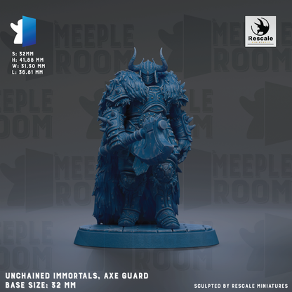 a detailed figurine of an armored warrior wielding an axe, standing on a base. The figurine is described as "Unchained Immortals, Axe Guard" and is "Base Size: 32mm". The background of the image is a dark gray color, and the text "MEIPLLE ROOM" is visible, suggesting the figurine is part of a larger collection or series.