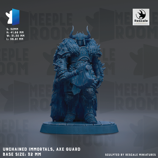 a detailed figurine of an armored warrior wielding an axe, standing on a base. The figurine is described as "Unchained Immortals, Axe Guard" and is "Base Size: 32mm". The background of the image is a dark gray color, and the text "MEIPLLE ROOM" is visible, suggesting the figurine is part of a larger collection or series.
