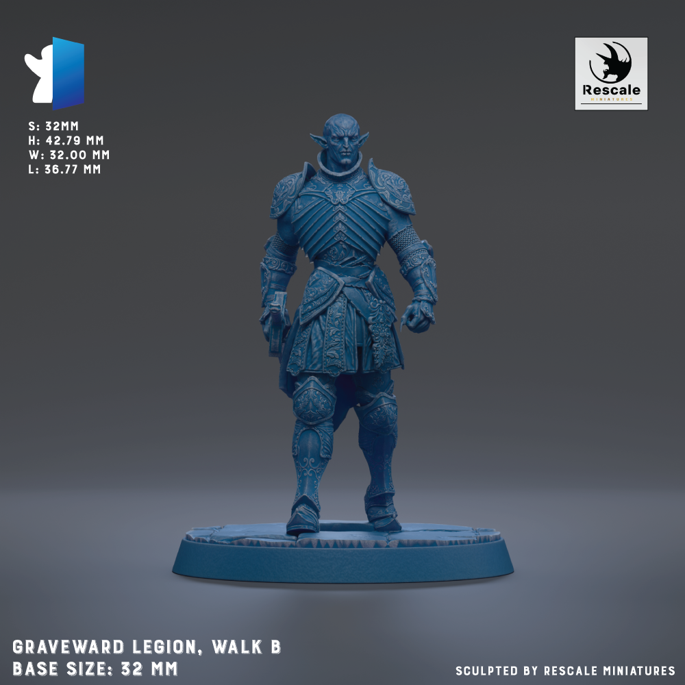 a figurine of a warrior standing on a base, wearing a blue armor and holding a weapon. The figurine is of a Graveward Legion, Walk B base size: 32mm.