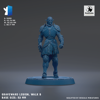 a figurine of a warrior standing on a base, wearing a blue armor and holding a weapon. The figurine is of a Graveward Legion, Walk B base size: 32mm.