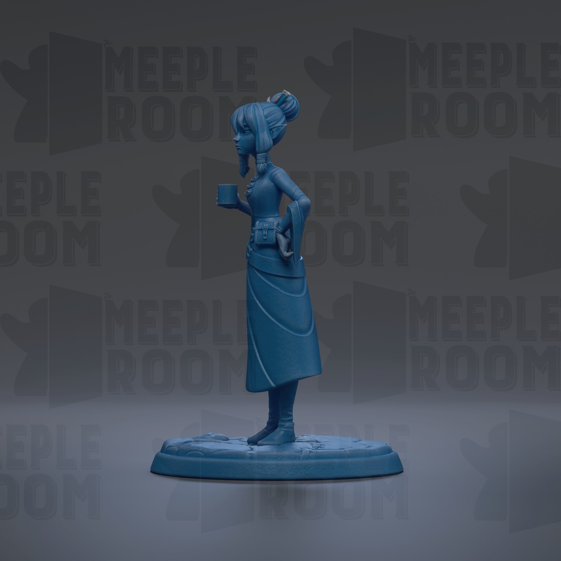 A blue figurine of a woman holding a cup stands on a base against a dark background with repeated "MEIPLLE ROOM" text.
