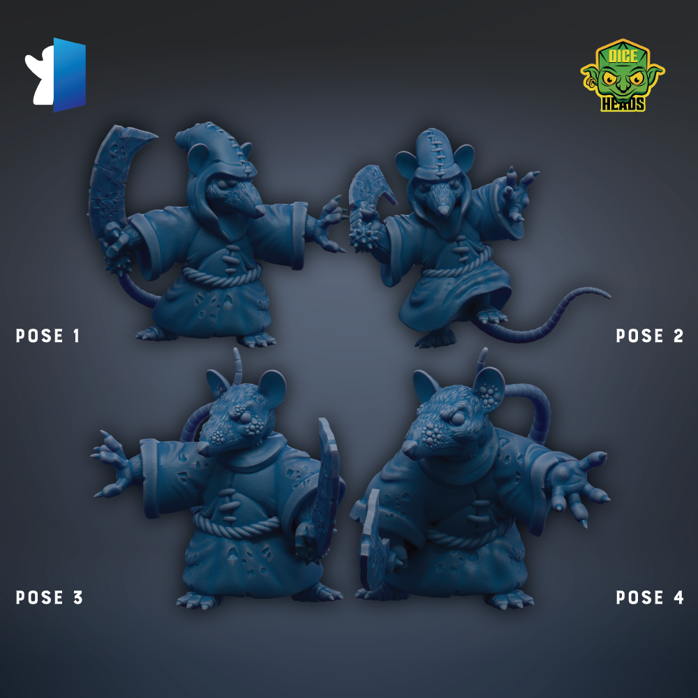 four blue figurines of mice dressed in robes, each with different poses. The mice are arranged in a square formation against a dark background.