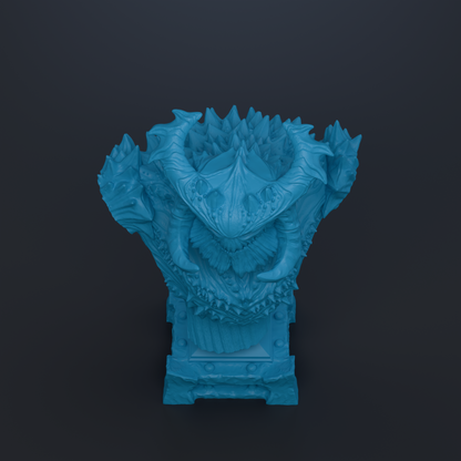A blue, 3D-rendered sculpture of a fantastical creature with sharp teeth and an intricate, textured design.