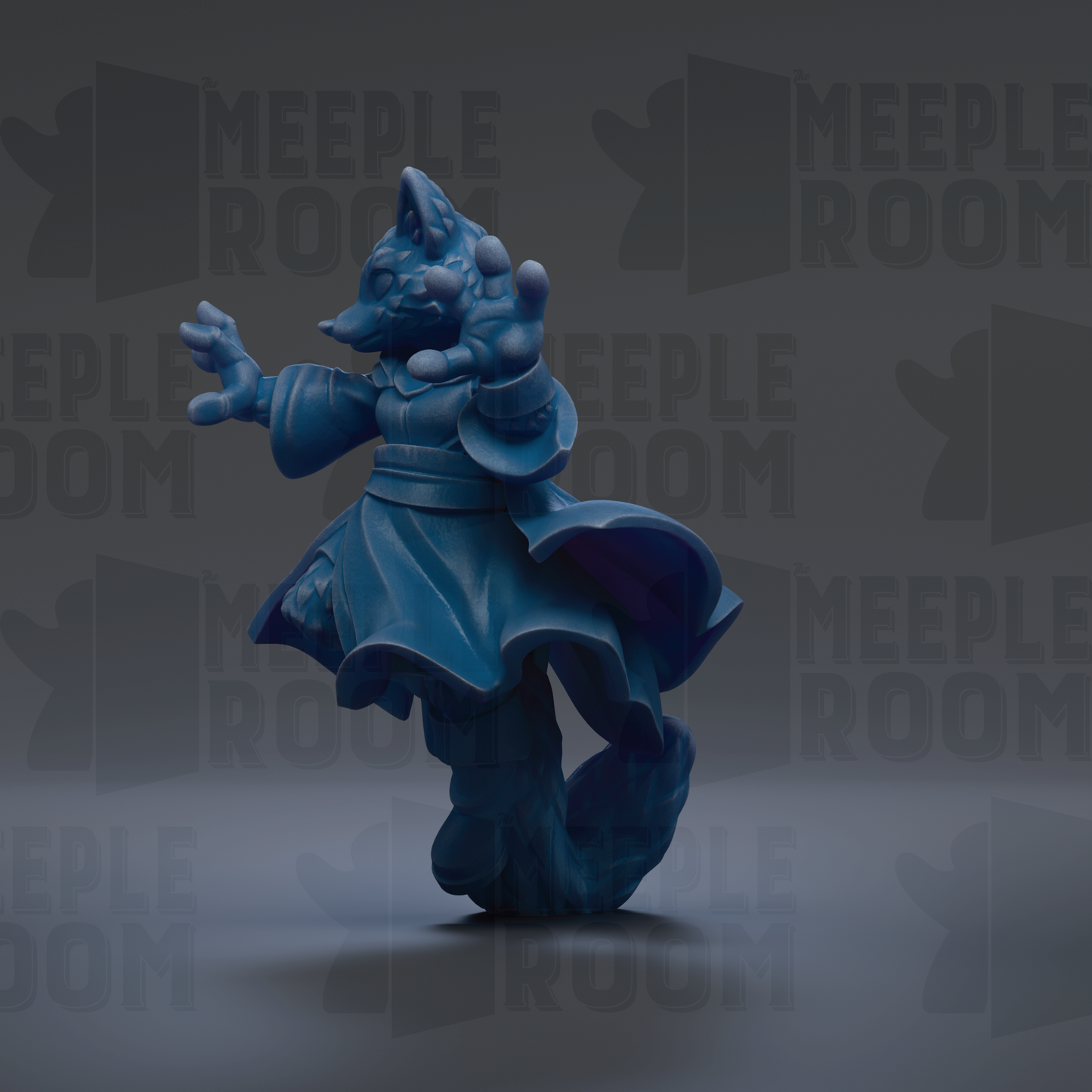 A blue, cartoonish figurine of a fox-like creature with a flowing robe and hat, standing on one leg against a dark background with repeated text.