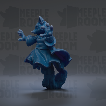 A blue, cartoonish figurine of a fox-like creature with a flowing robe and hat, standing on one leg against a dark background with repeated text.