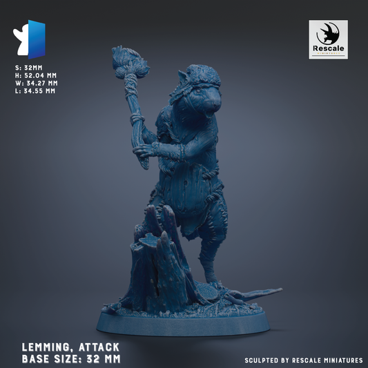 a figurine of a creature with a large weapon, likely a ram or similar animal, standing on a rock formation. The figurine is blue in color and appears to be made of a material that resembles stone or concrete. The base size of the figurine is 32 millimeters.