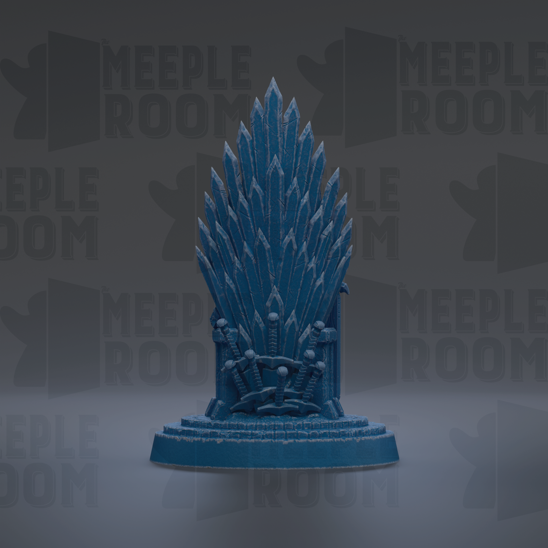 A blue, ornate throne-like object with multiple pointed blades, likely representing a throne or throne-like structure.