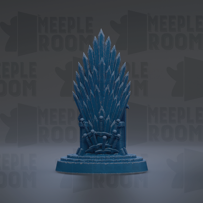 A blue, ornate throne-like object with multiple pointed blades, likely representing a throne or throne-like structure.