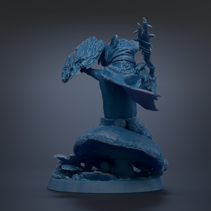 A 3D rendering of a blue, fantastical creature with a large head and a long, curved tail, standing on a mushroom-like base.