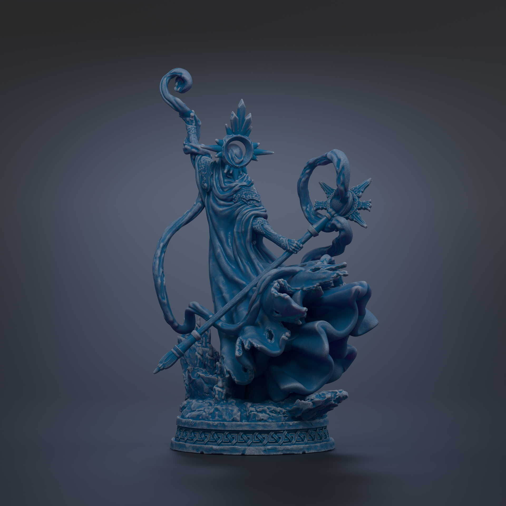 A blue, 3D-rendered statue of a figure holding a staff and a staff-like object, standing on a base with a wave-like shape.