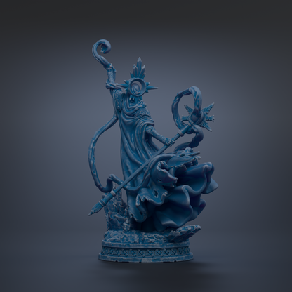 A blue, 3D-rendered statue of a figure holding a staff and a staff-like object, standing on a base with a wave-like shape.