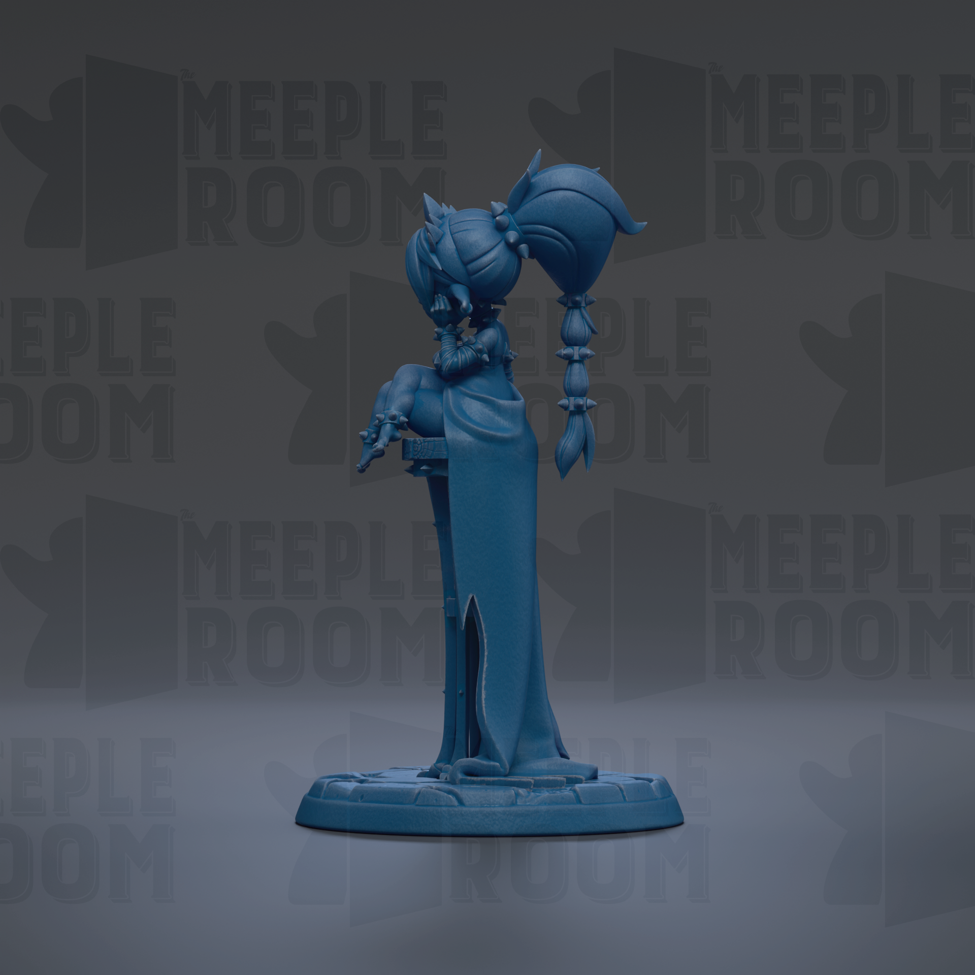 A blue figurine of a person standing on a pedestal against a dark background with repeated text.