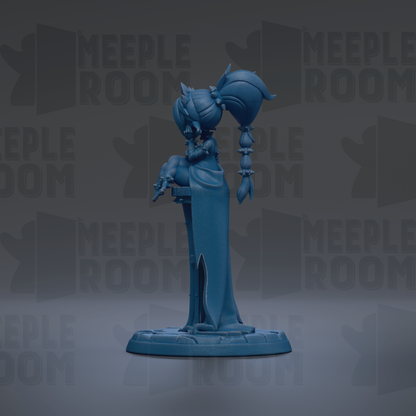 A blue figurine of a person standing on a pedestal against a dark background with repeated text.
