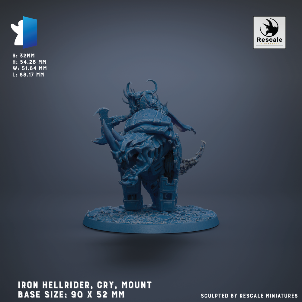 a figurine of an Iron Hellrider, a fantasy creature with horns and a blue-green color, mounted on a base. The figurine is described as a "Mount" and is shown in a 3D rendering. The base sizes are 90 x 52 mm, and the image is described as a "Collage of Miniatures" and "Sculpted by Rescue Miniatures".