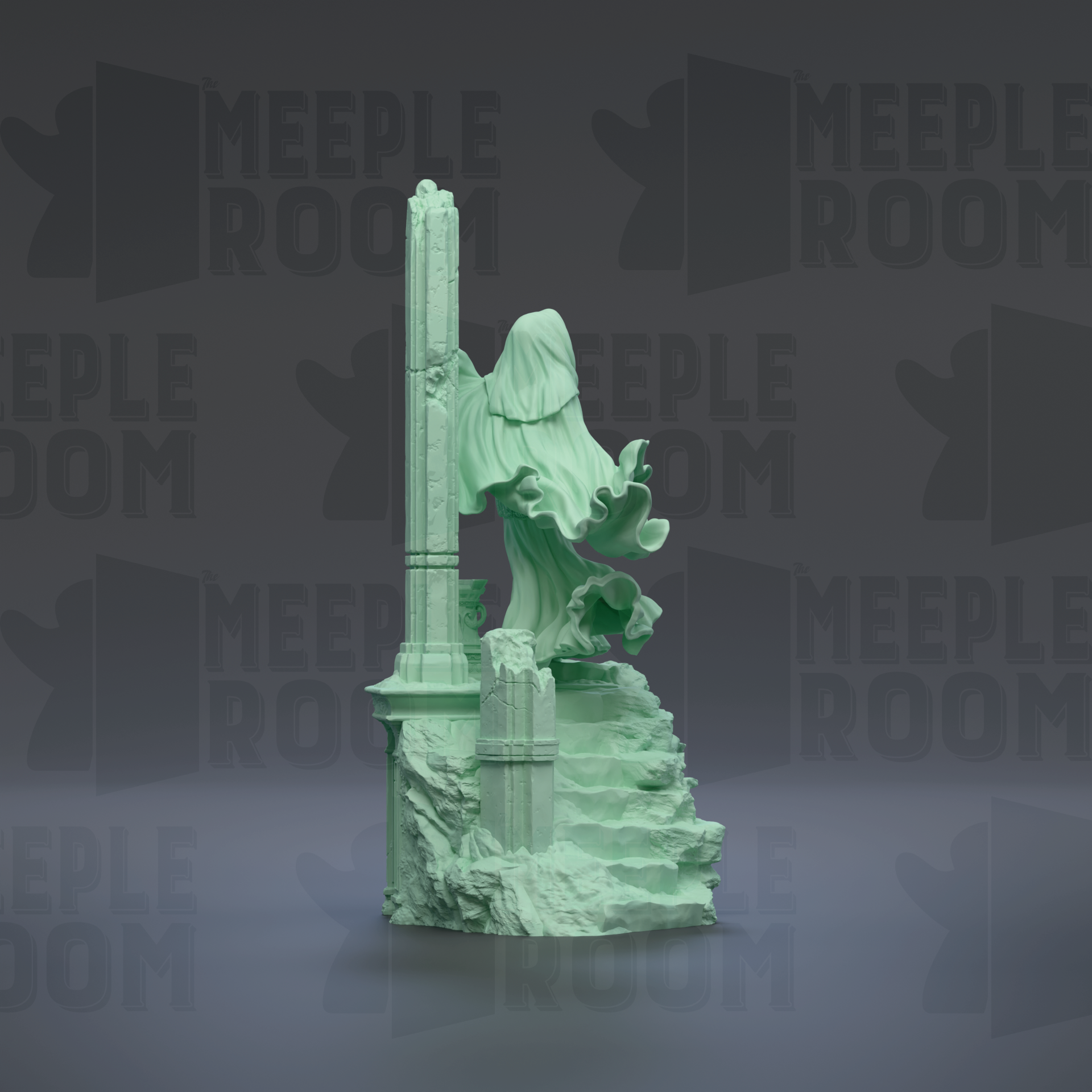 A green statue of a figure standing on a pedestal against a dark background with repeated text.