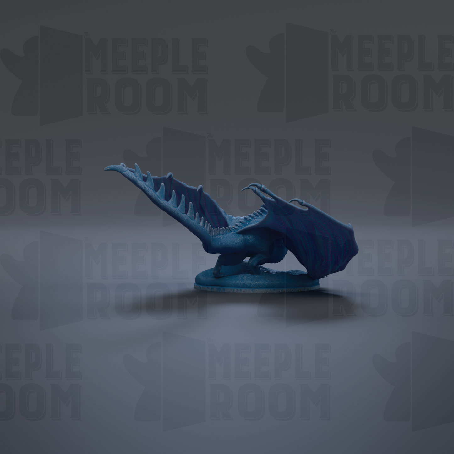 A blue dragon figurine is shown against a dark background with repeated text.