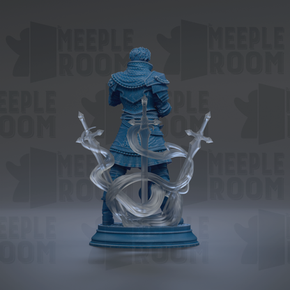 A blue statue of a person holding a sword, surrounded by a swirling, transparent effect.