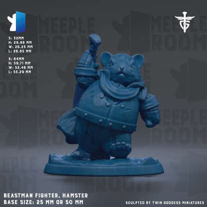 A blue figurine of a hamster-like creature, possibly a fighter or a monster, standing on a base and holding a weapon. The figurine is described as a "Beastman fighter, Hamster" and has a base size of 25mm or 50mm. The image is a collage of multiple images, and the phrase "Sculpted by Twin Goddess miniatures" is mentioned at the bottom.