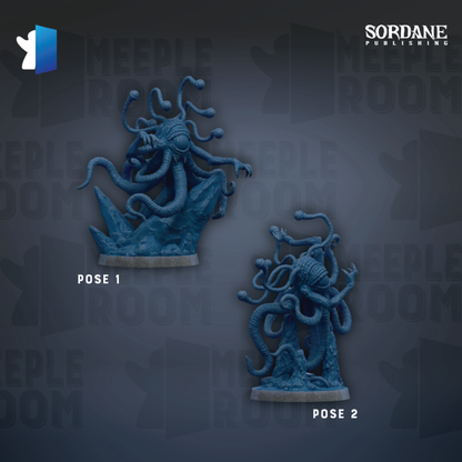 two blue figurines of a fantastical creature with multiple tentacles, set against a dark background with repeated text.