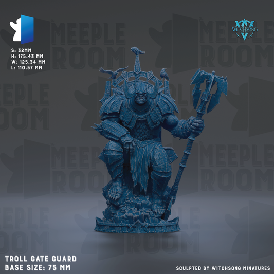 The image is a detailed sculpture of a troll gate guard, a type of armored warrior from the fantasy world of Warhammer. The sculpture is made of a dark blue material and depicts the troll gate guard in a seated position, holding a large weapon in his right hand. The sculpture is described as a base size of 7.5 mm and is sculpted by Witchesong Miniatures.