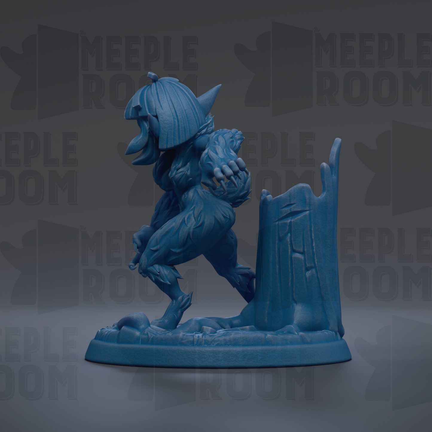 A blue figurine of a creature with sharp teeth and claws, standing on a base and facing to the right.